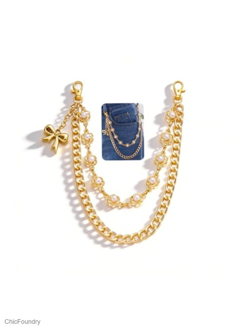 Y2K Gothic Chain Belt for Women Men with Pearl Rhinestone Star Heart Charms